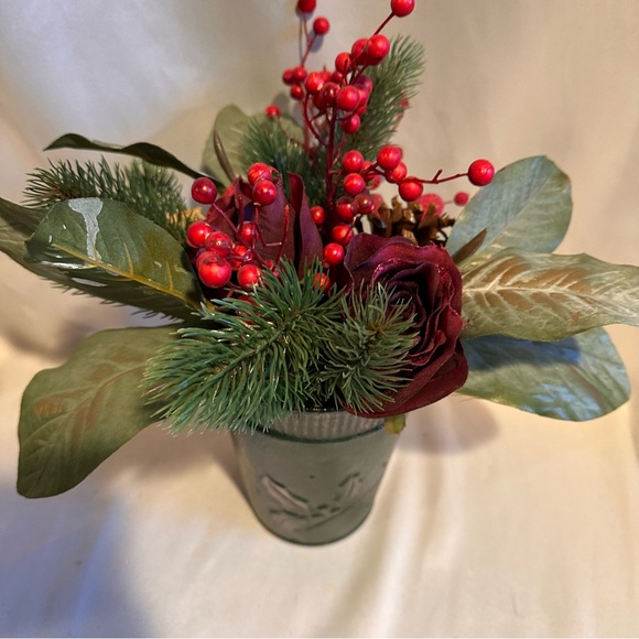 Festive Green and Red Silk Holiday Arrangement Roses Berries Pine in Metal Pot - Picture 6 of 7